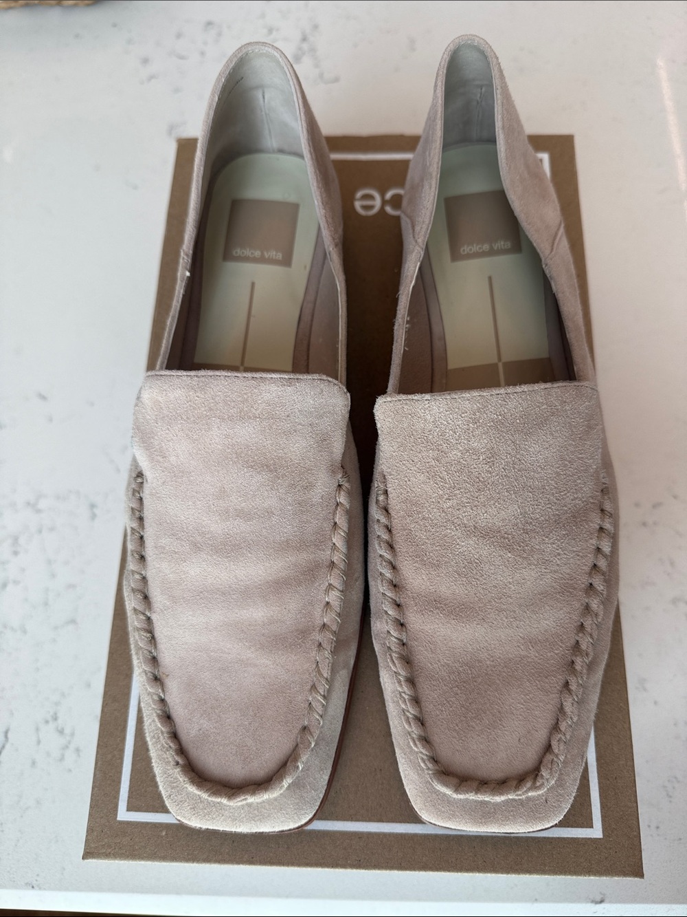Dolce Vita Light Beige Suede Braided Trim Loafers